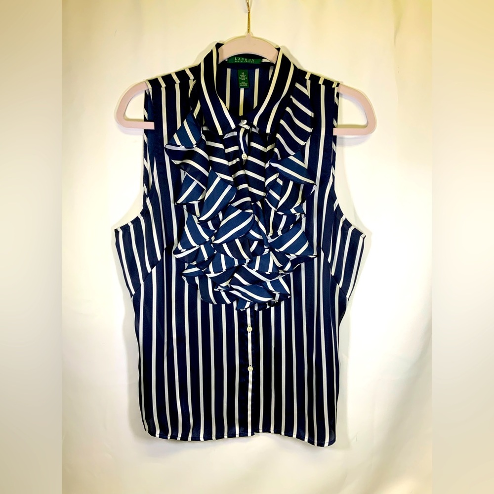 Lauren Ralph Lauren Navy Stripe Blouse with Ruffles